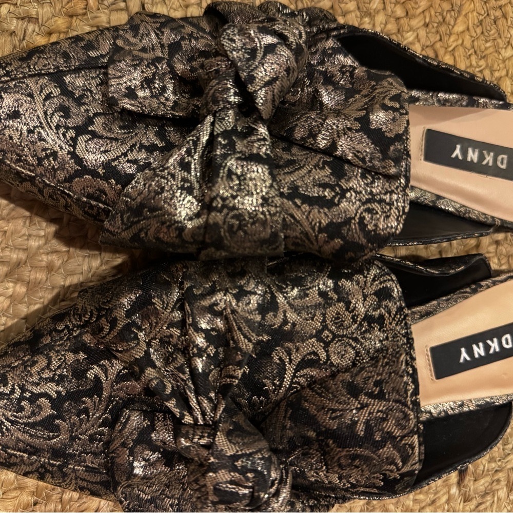 BLACK & Gold SLIDES (NWOTS) BY DKNY OR DONNA KARAN B'FUL FABRIC